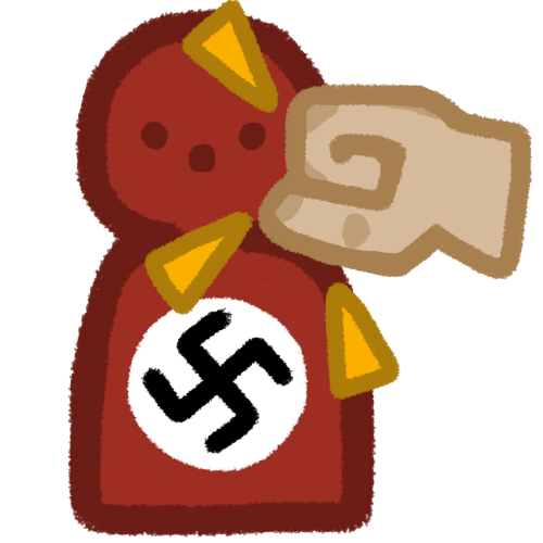 a person with red skin and the nazi symbol on their tummy- a white circle with a black X that extends on each line. there’s a fist on their face with 3 yellow triangles 